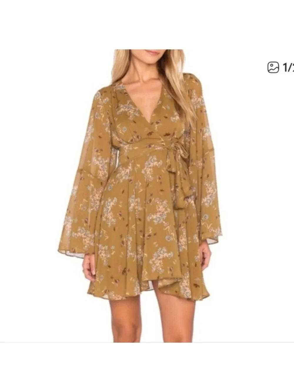 Free People Floral Lilou vneck Bell Sleeve Mini Wrap Dress